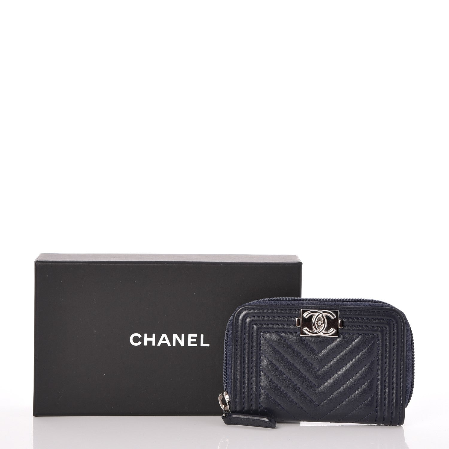 Chanel Calfskin Chevron Zip Around Boy Coin Purse Wallet Dark Navy 8 of 8