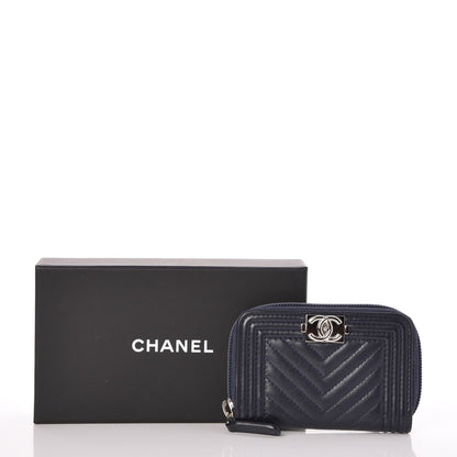 Chanel Calfskin Chevron Zip Around Boy Coin Purse Wallet Dark Navy 8 of 8