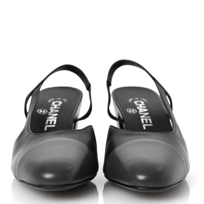 Chanel Lambskin Cap Toe CC Slingback Sandals 37 Black Dark Grey 3 of 11