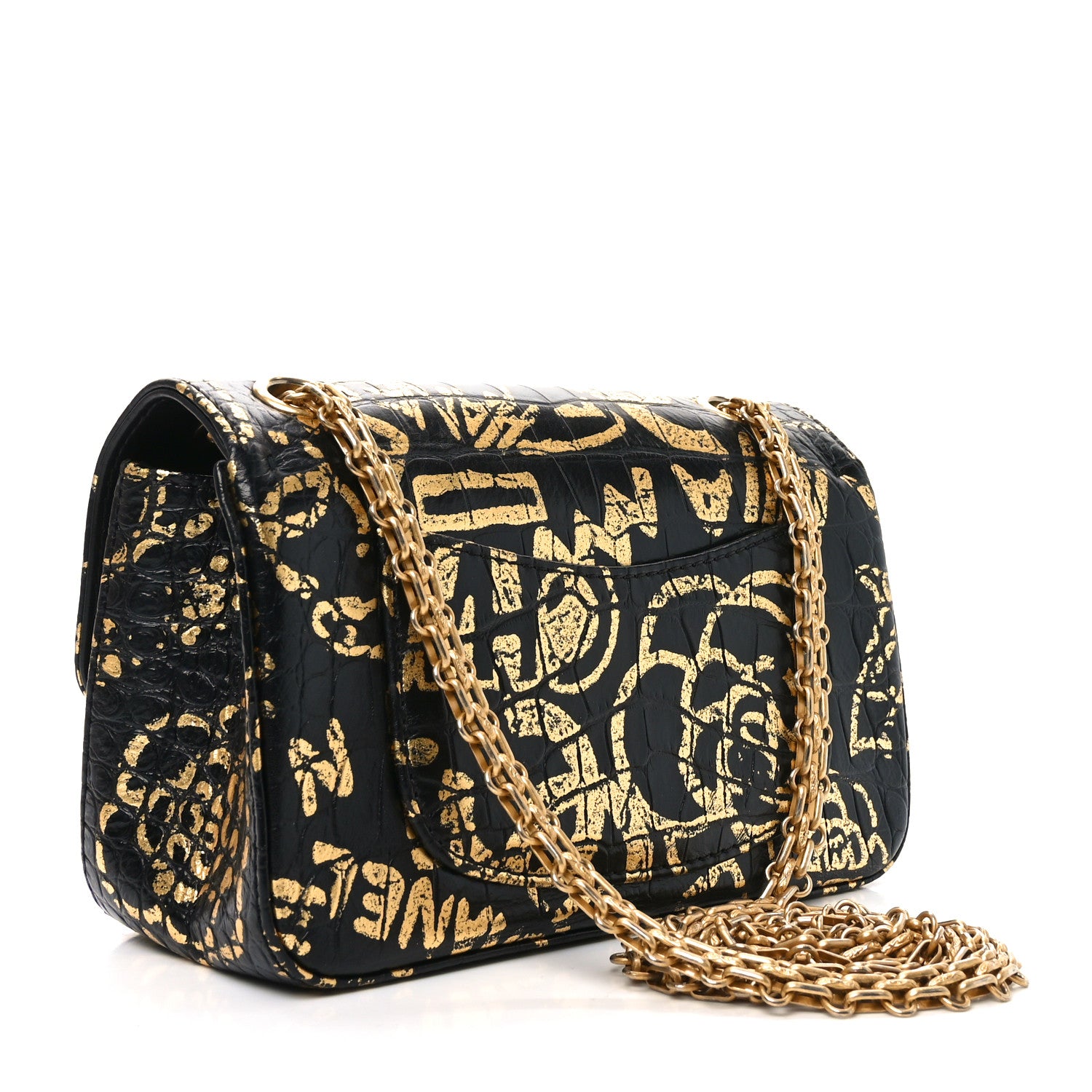 Chanel Calfskin Crocodile Embossed Graffiti 2.55 Mini Cocodile Reissue Flap Black Gold 3 of 11