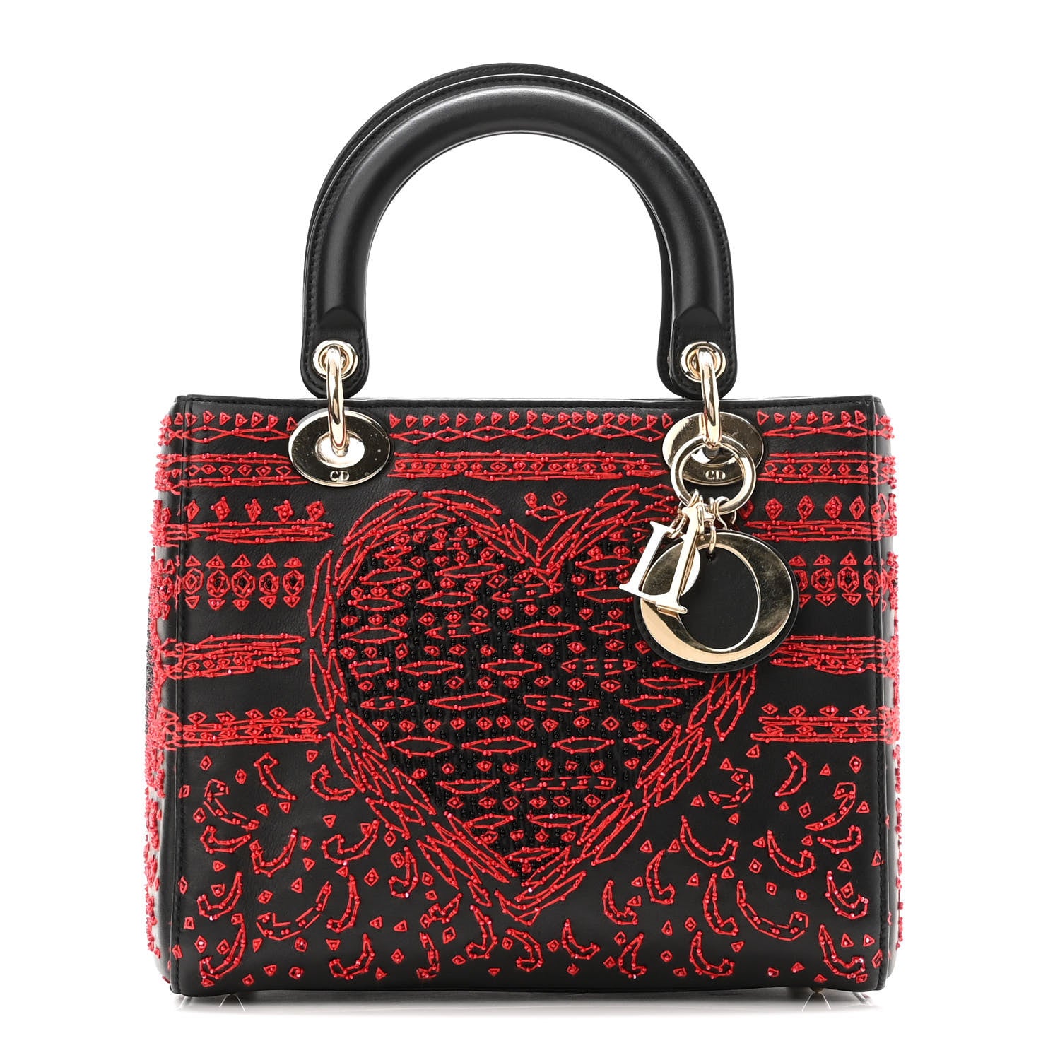 Christian Dior Smooth Calfskin Embroidered Heart Medium Lady Dior Black 1 of 12