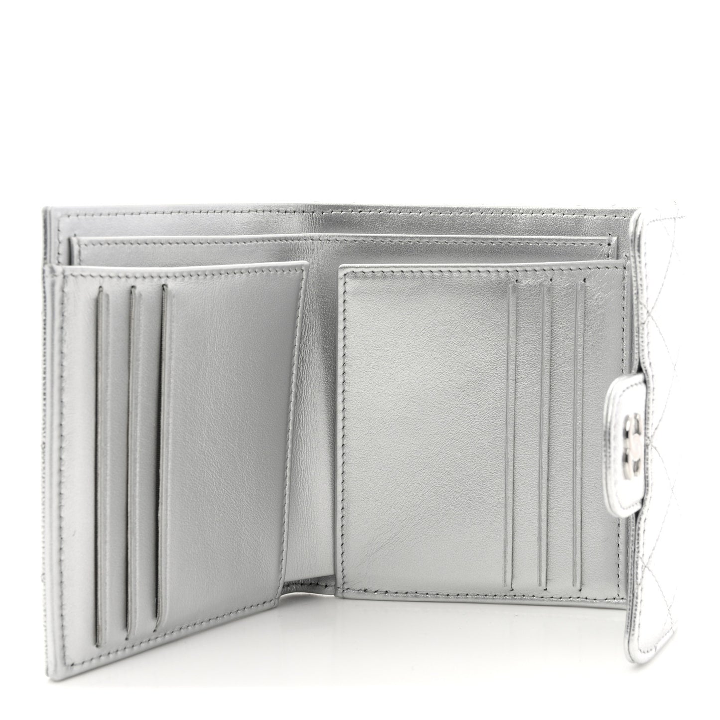 Metallic Caviar Quilted Compact Flap Wallet Silver