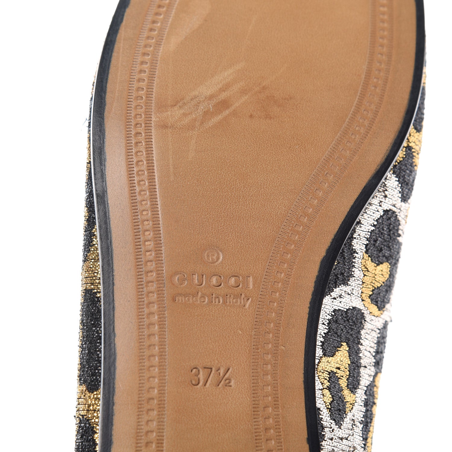 Gucci Jacquard Leopard Print Horsebit Womens Jordaan Loafers 37.5 Gold 9 of 11