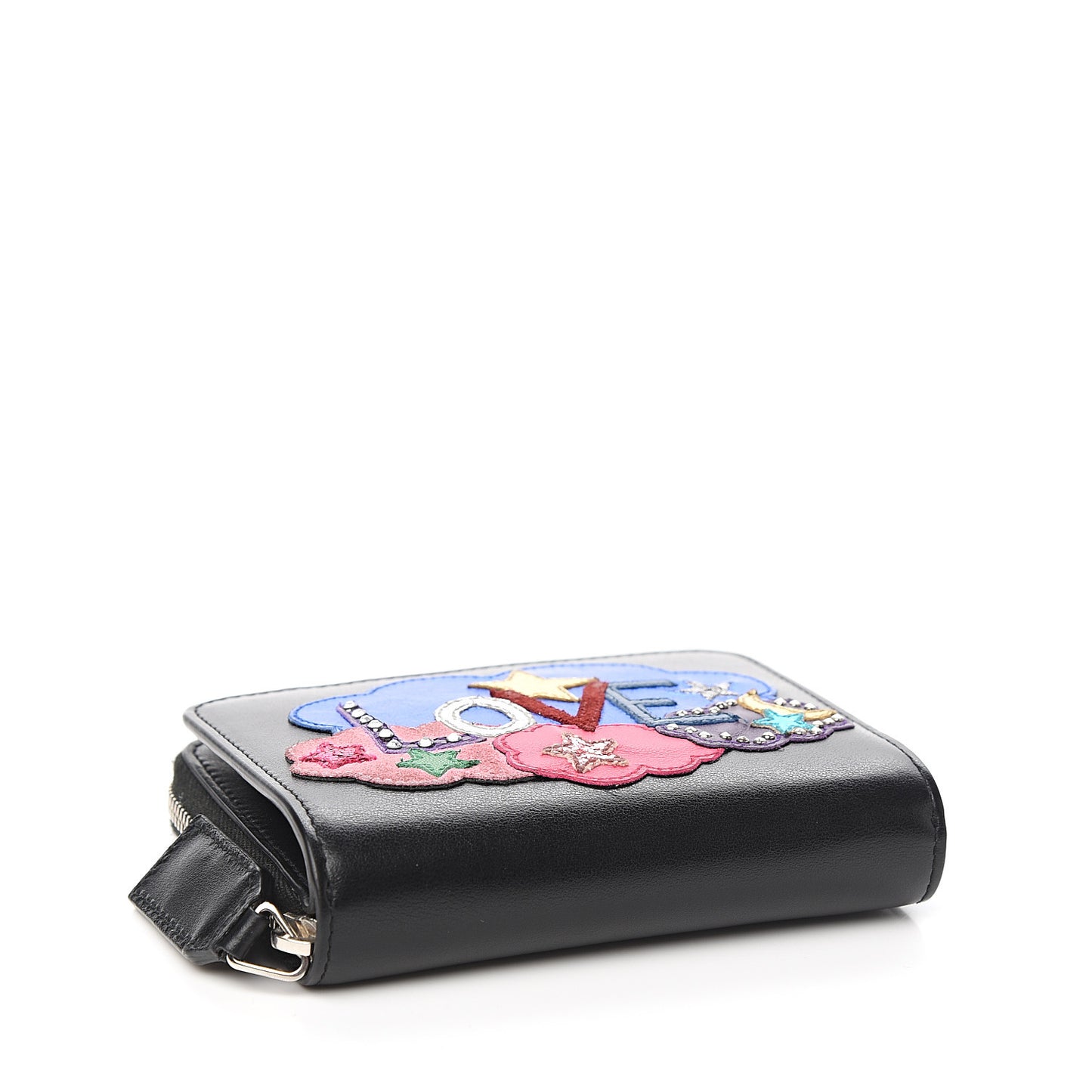 Calfskin Love Patchwork Compact Zip Around Wallet Black