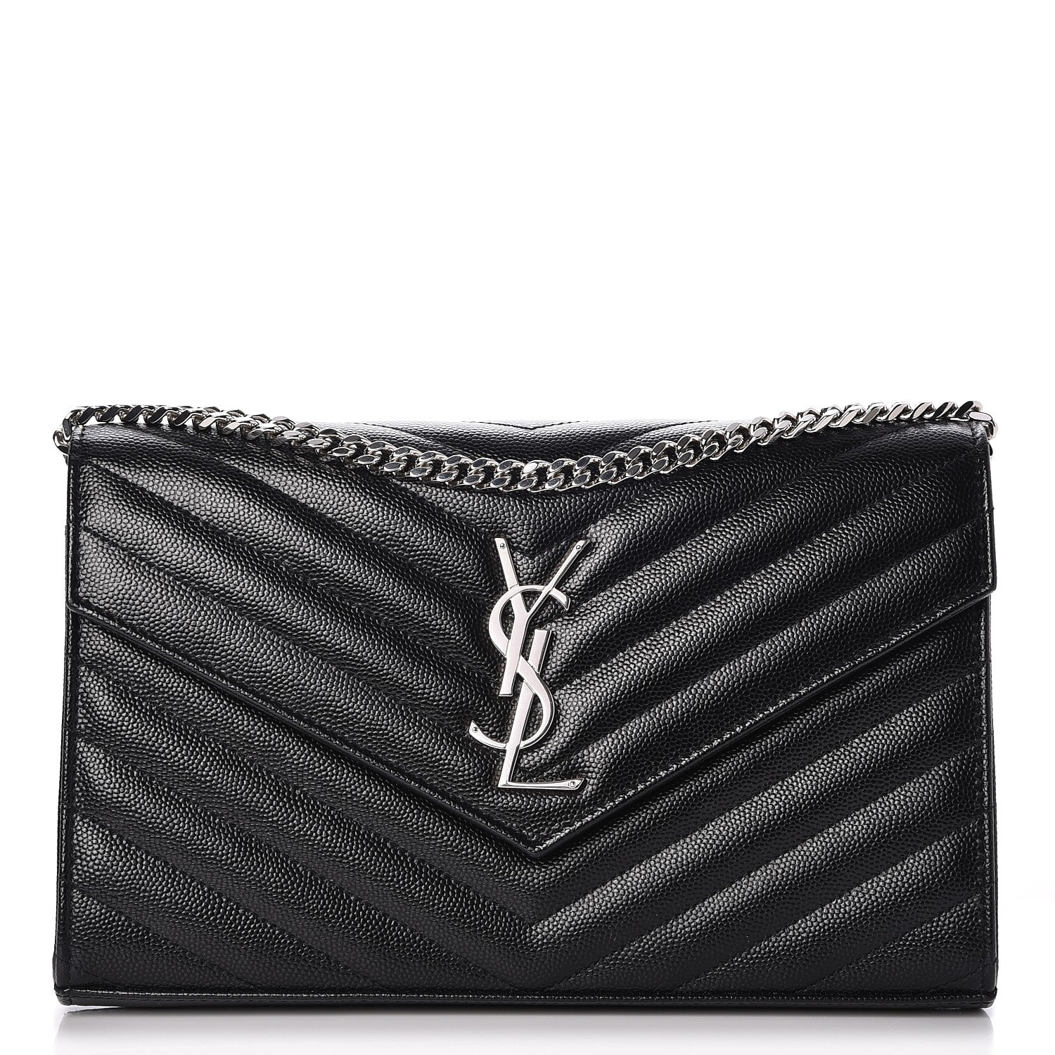 Saint Laurent Grain De Poudre Matelasse Chevron Monogram Chain Wallet Black 1 of 7