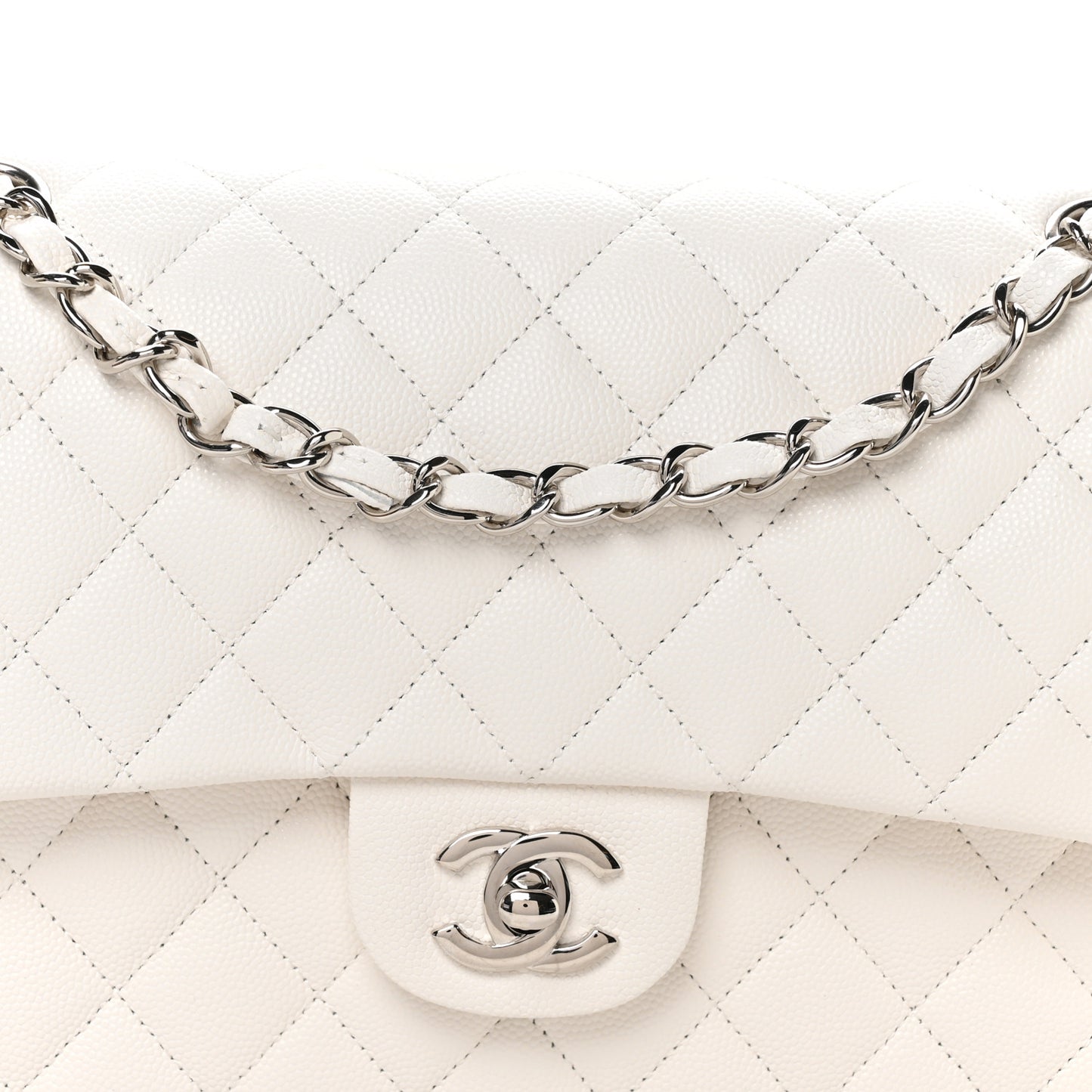 Caviar Quilted Medium Double Flap White