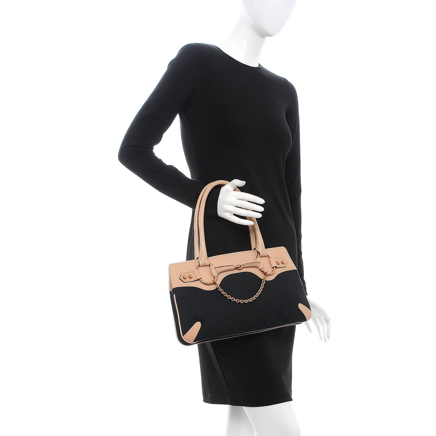 Gucci Monogram Horsebit Chain Shoulder Bag Beige Black 2 of 14