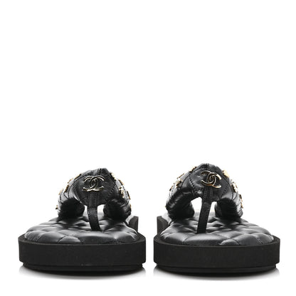 Chanel Lambskin Quilted Padded Charms Thong Sandals 37 Black 2 of 7