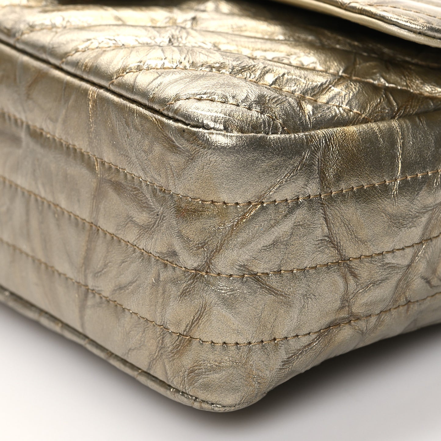 Patent Metallic Crumpled Calfskin Chevron Quilted Mini Rectangular Flap Gold