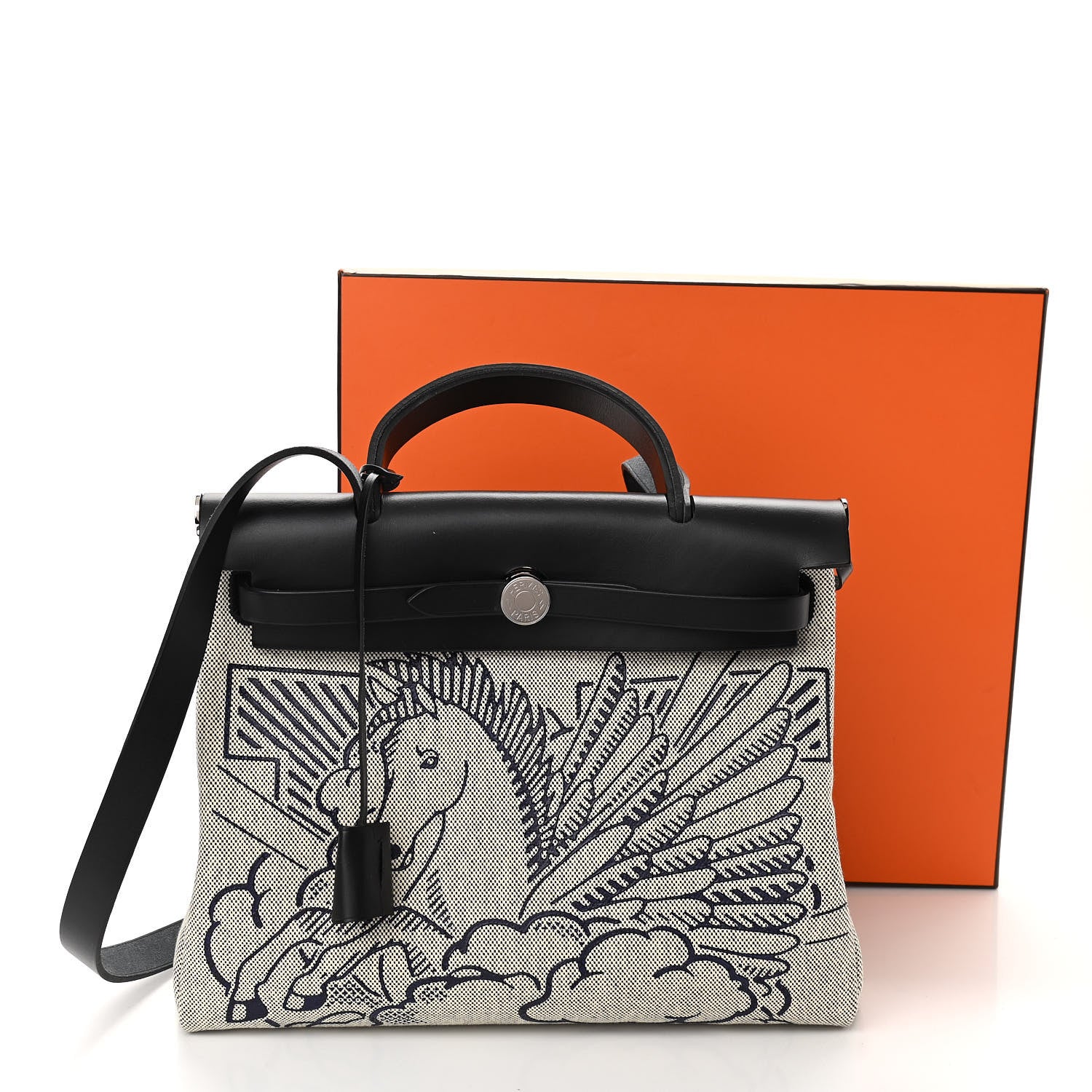 Hermes Vache Hunter Toile H Pegase Pop Herbag Zip Retourne 31 PM Bleu Indigo Ecru Black 11 of 12