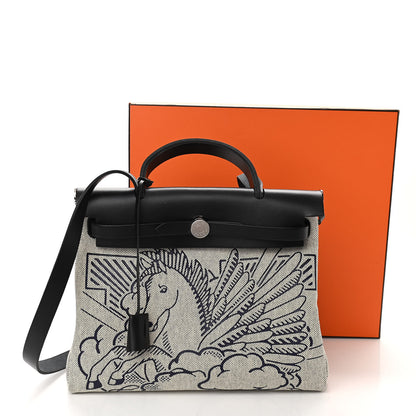 Hermes Vache Hunter Toile H Pegase Pop Herbag Zip Retourne 31 PM Bleu Indigo Ecru Black 11 of 12