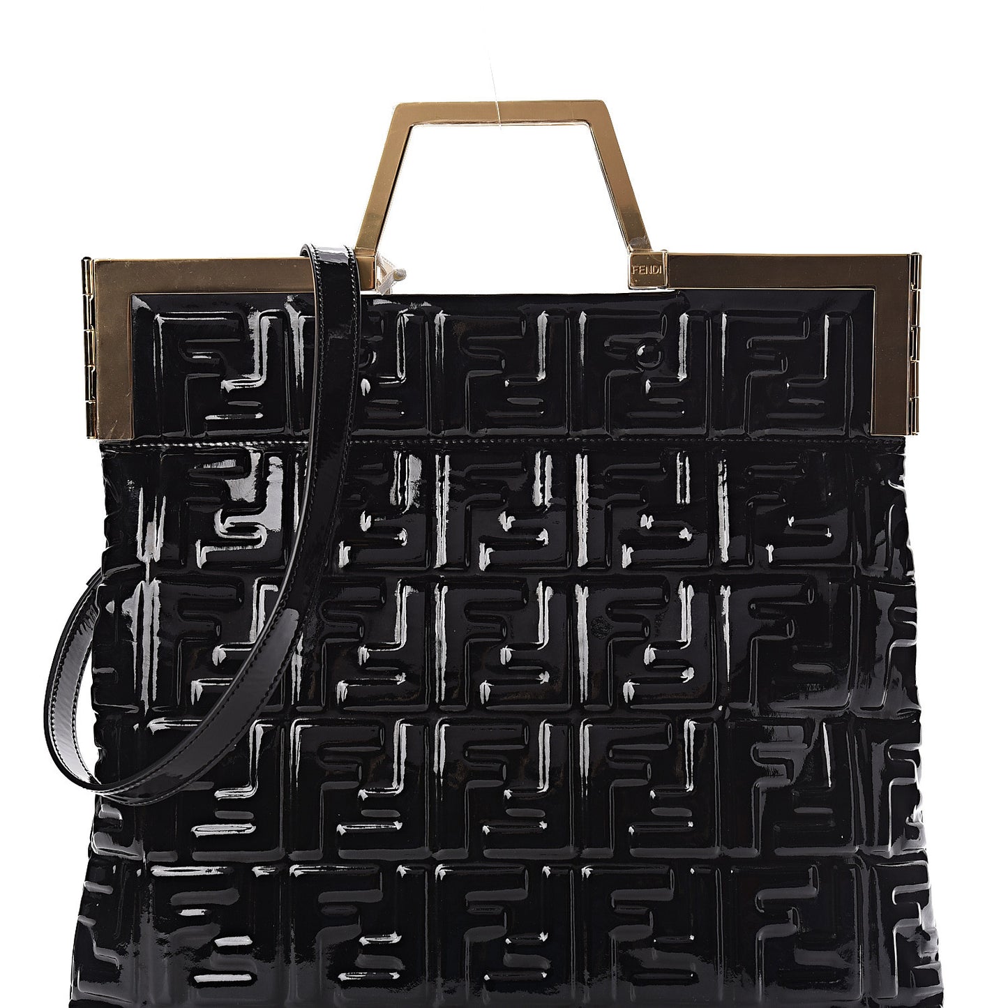 Patent FF 1974 Embossed Medium Shopping Flap Bag Black