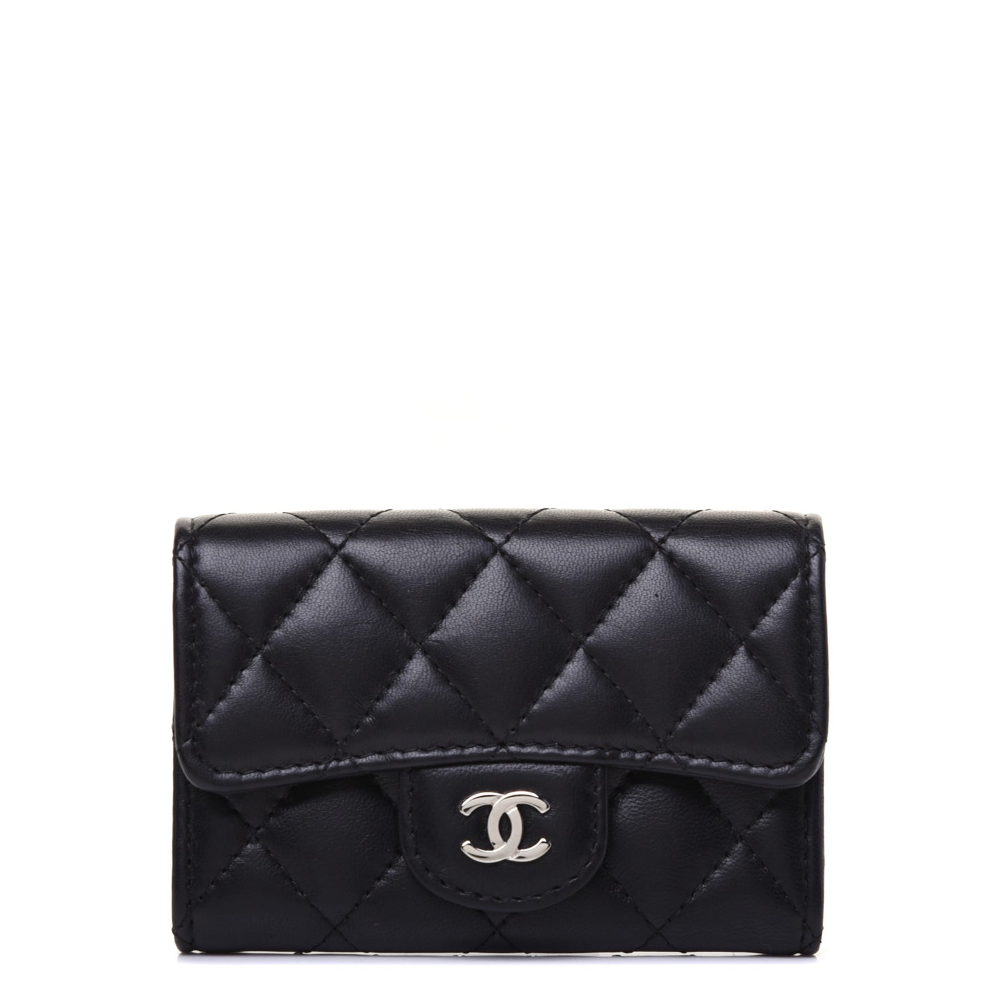 Lambskin Quilted Flap Card Holder Black