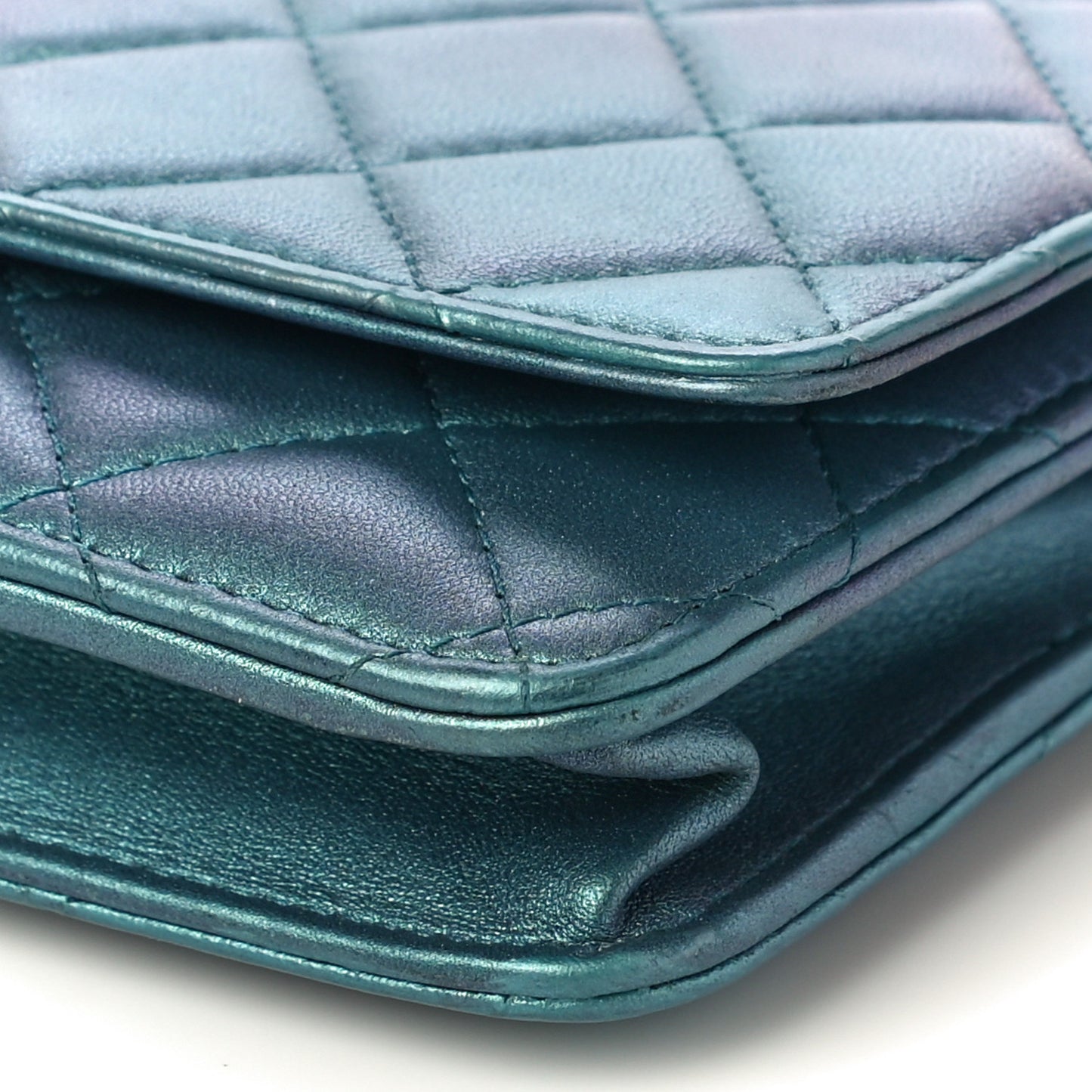 Iridescent Lambskin Quilted Wallet On Chain WOC Turquoise