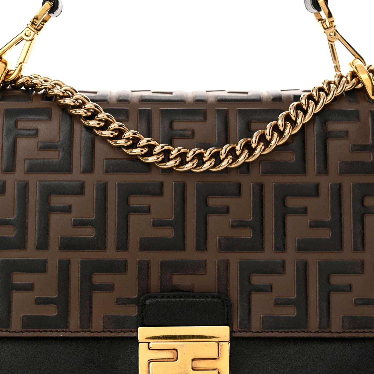 Fendi Vitello Liberty Bi-Color FF 1974 Embossed Chain Strap Kan U Shoulder Bag Black Maya 8 of 18