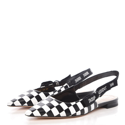 Christian Dior Calfskin Ribbon Checker Print J'Adior Slingback Ballet Flats 38 Black White 3 of 9