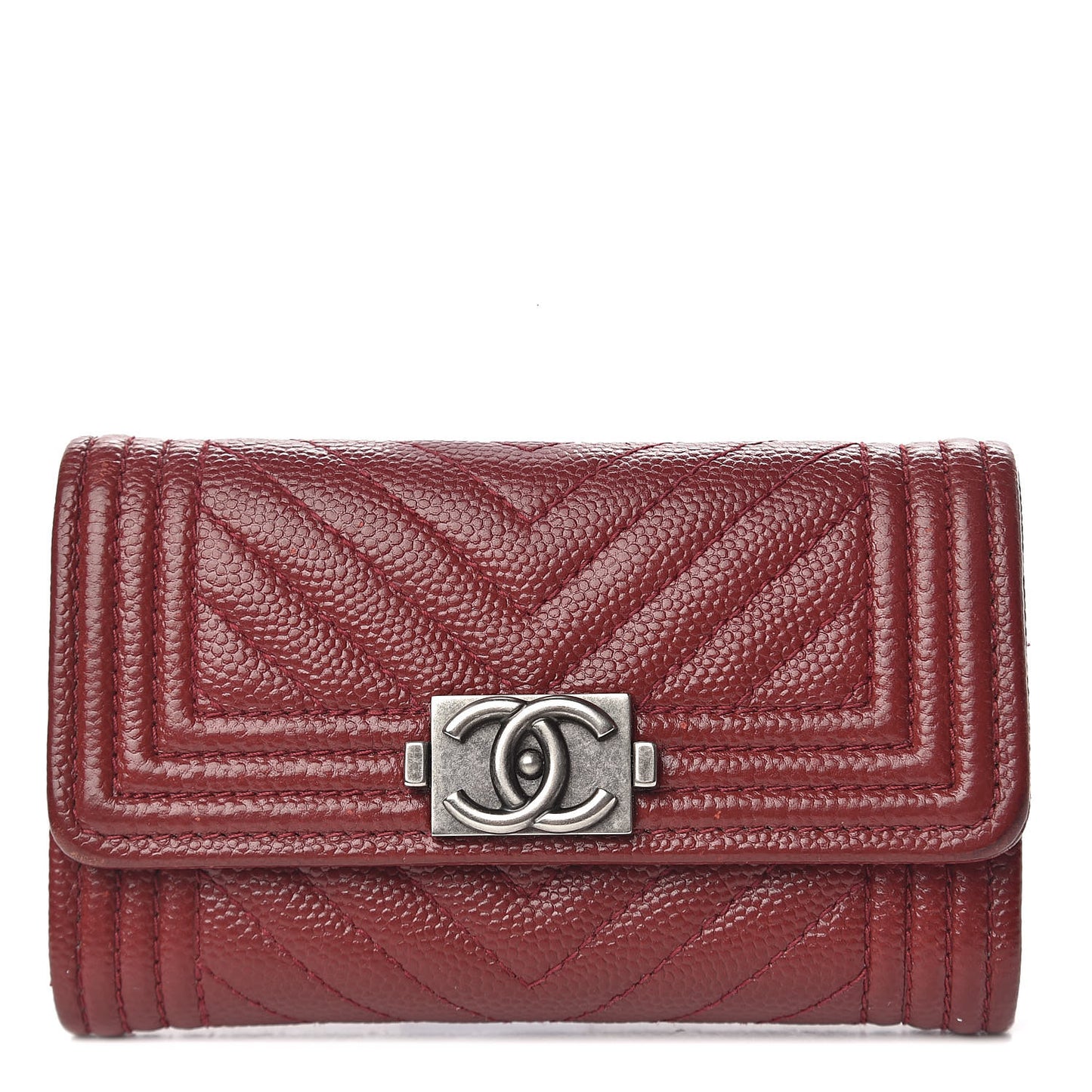Caviar Chevron Quilted Flap Boy Card Holder Dark Red