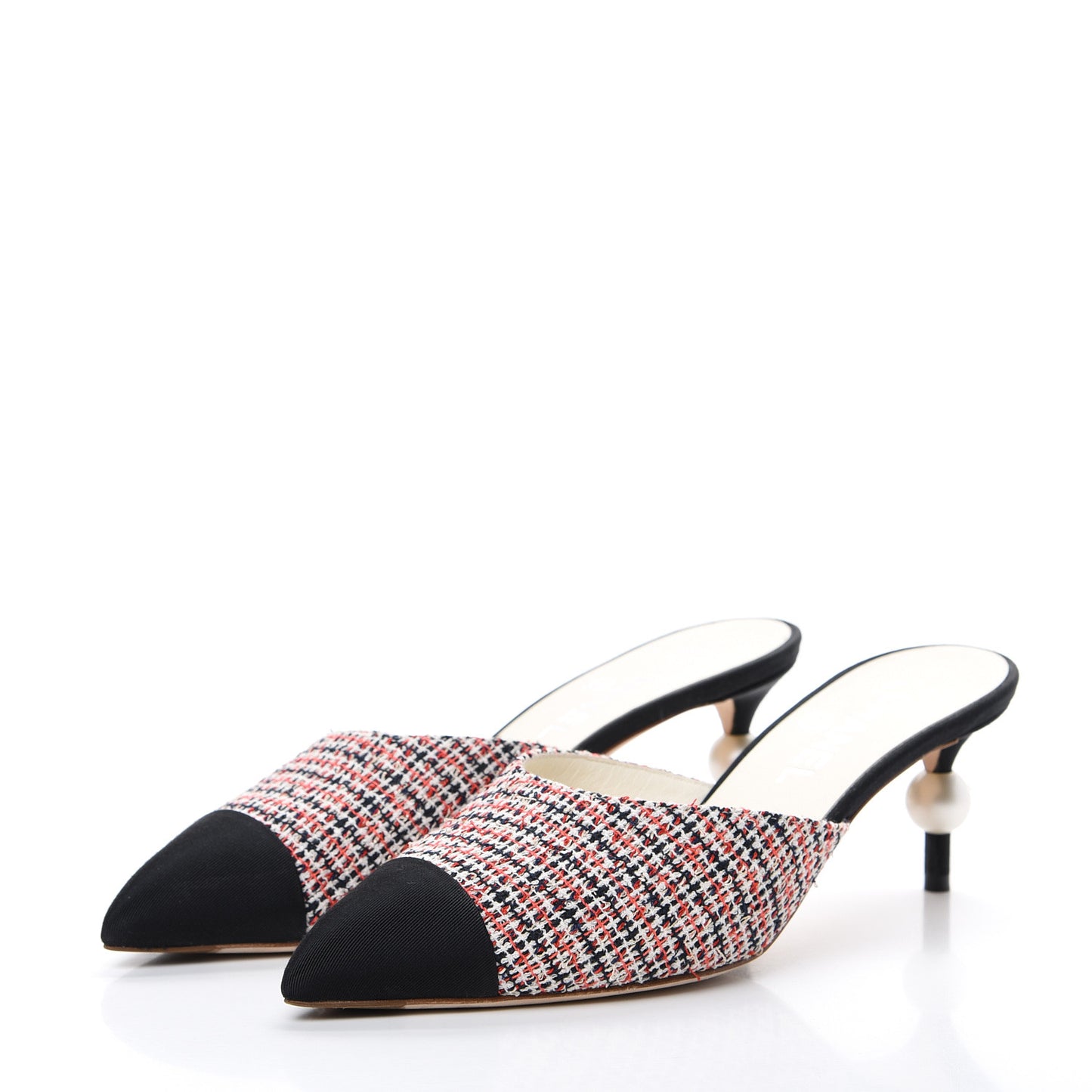 Tweed Grosgrain Pearl Cap Toe Mules 38 Black Red