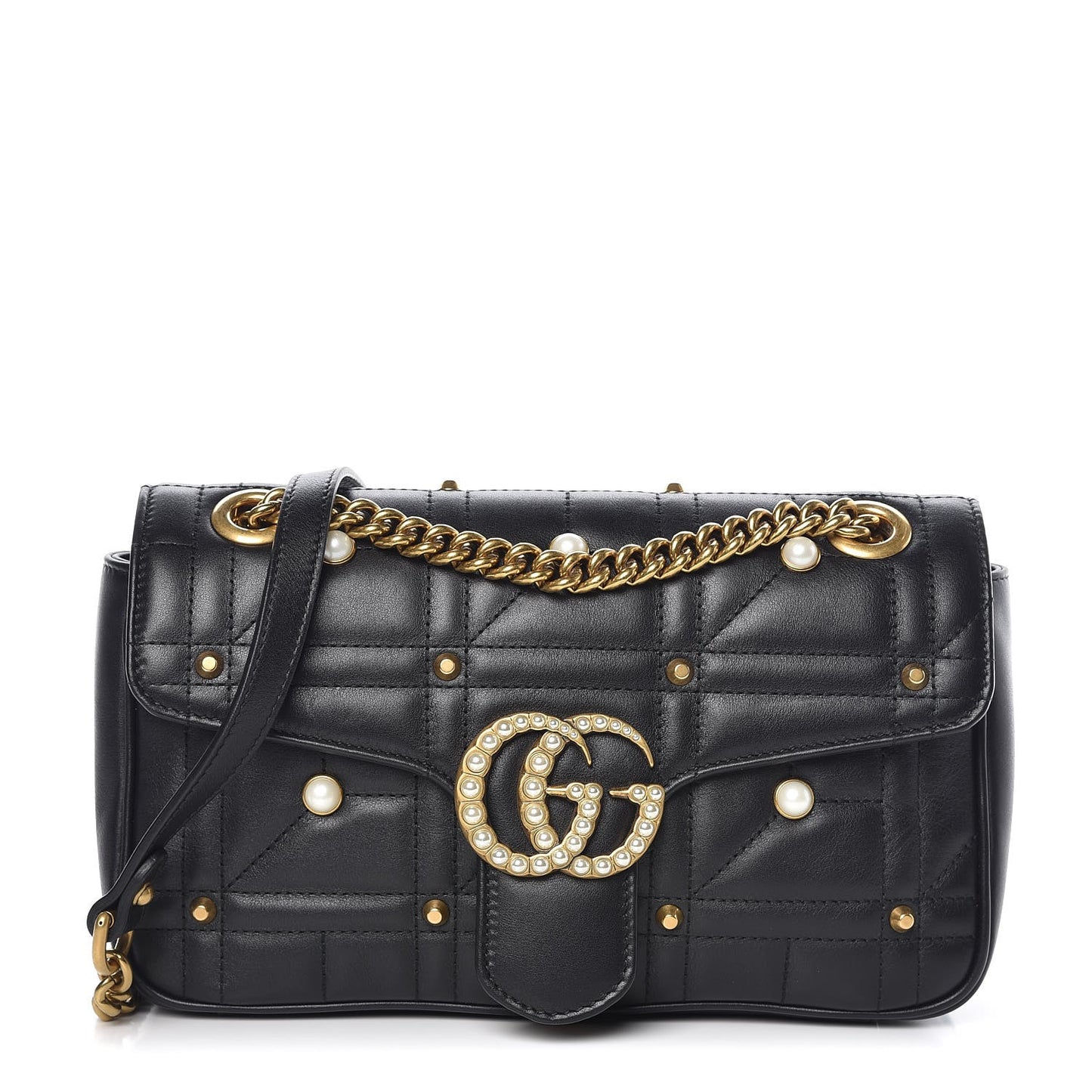 Calfskin Matelasse Studded Small Pearly GG Marmont Shoulder Bag Black