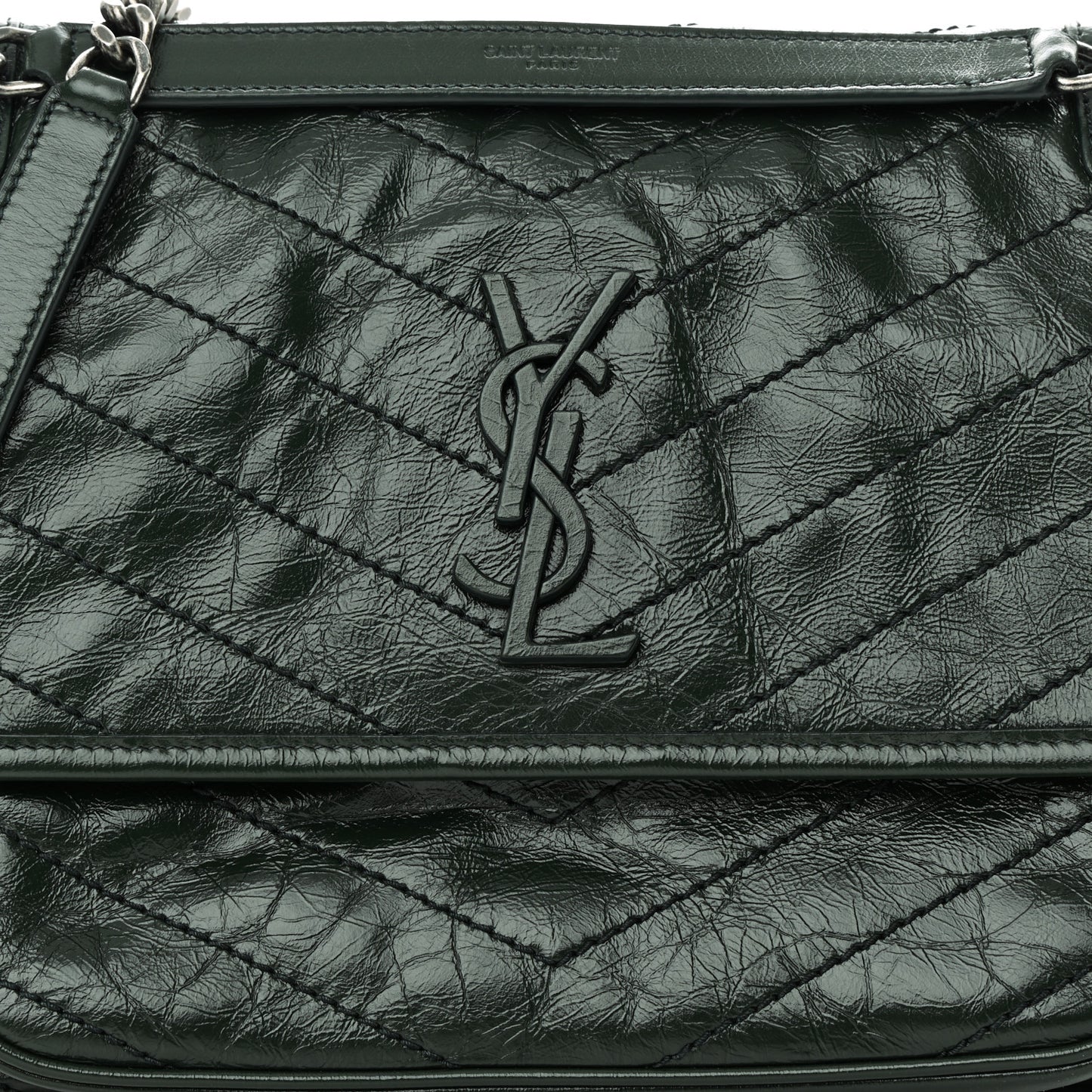 SAINT LAURENT Crinkled Lambskin Matelasse Monogram Medium Niki Chain Satchel Green