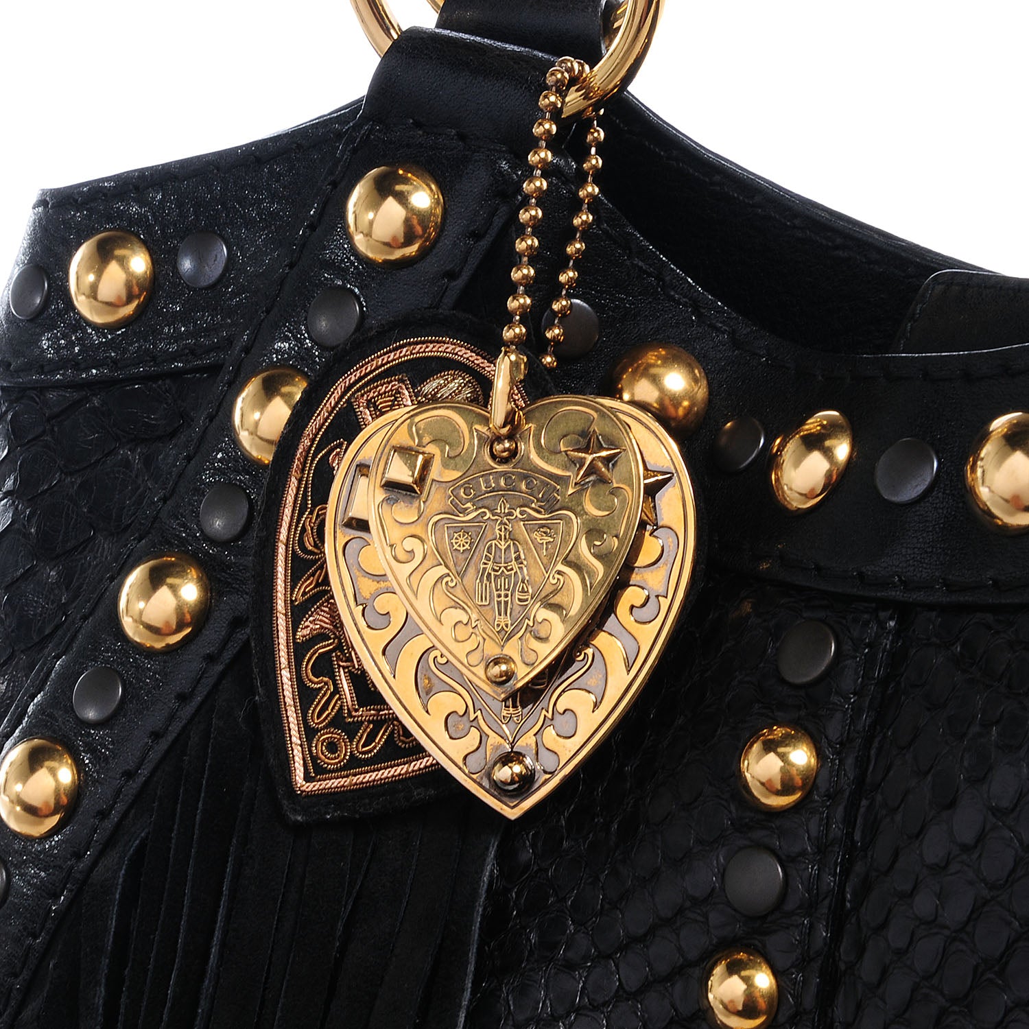 Gucci Leather Python Suede Fringe Babouska Tote Black 5 of 8