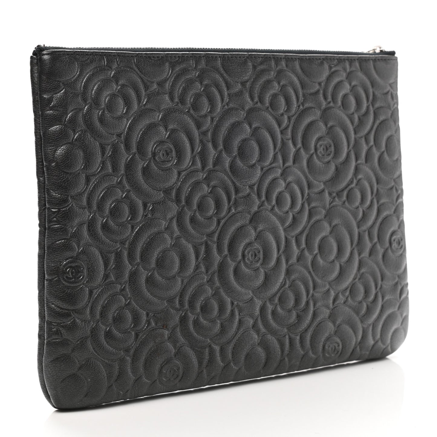 Goatskin Camellia Embossed Medium Cosmetic Case Dark Grey