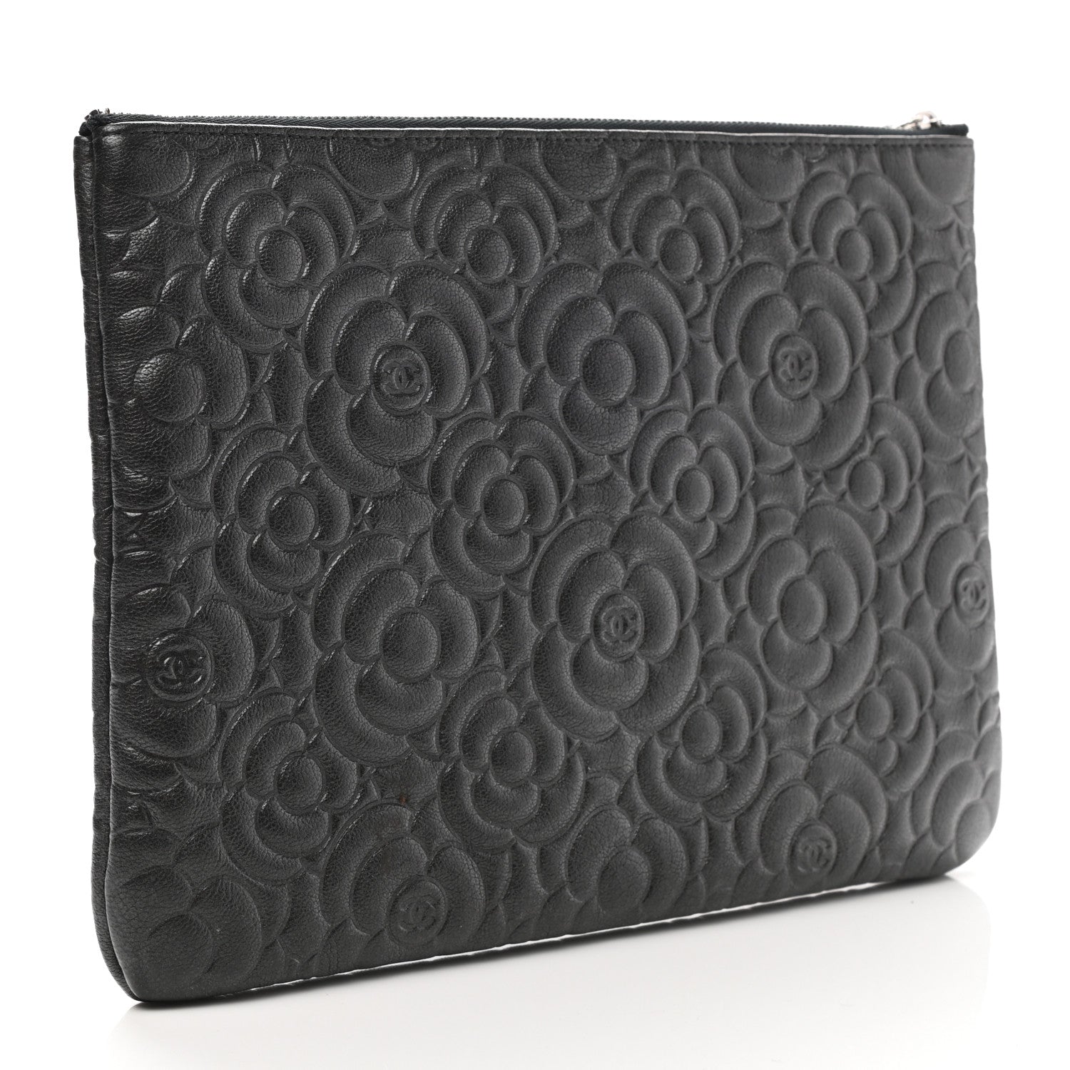 Chanel Goatskin Camellia Embossed Medium Cosmetic Case Dark Grey 3 of 7