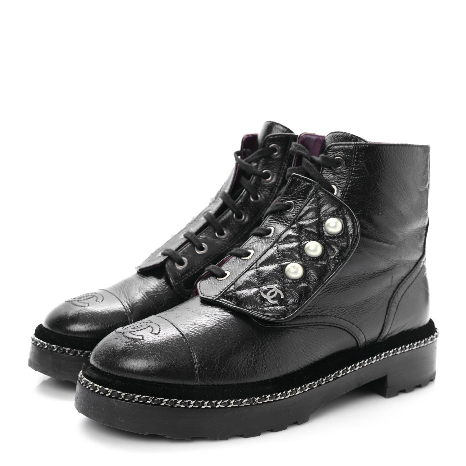 Chanel Crackled Calfskin Velvet Pearl Combat Short Boots 38.5 Black 3 of 9