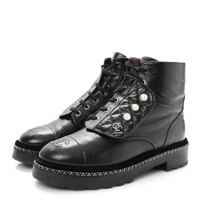Chanel Crackled Calfskin Velvet Pearl Combat Short Boots 38.5 Black 3 of 9