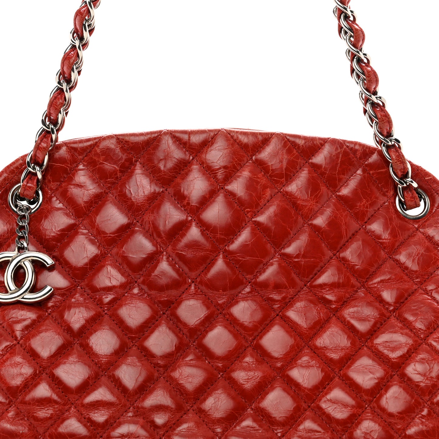 Glazed Calfskin Quilted Large Just Mademoiselle Bowling Bag Red