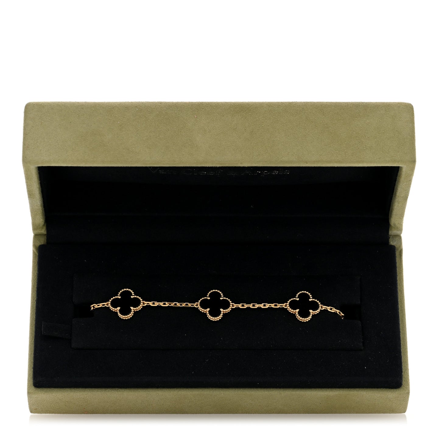 18K Yellow Gold Black Onyx 5 Motifs Vintage Alhambra Bracelet