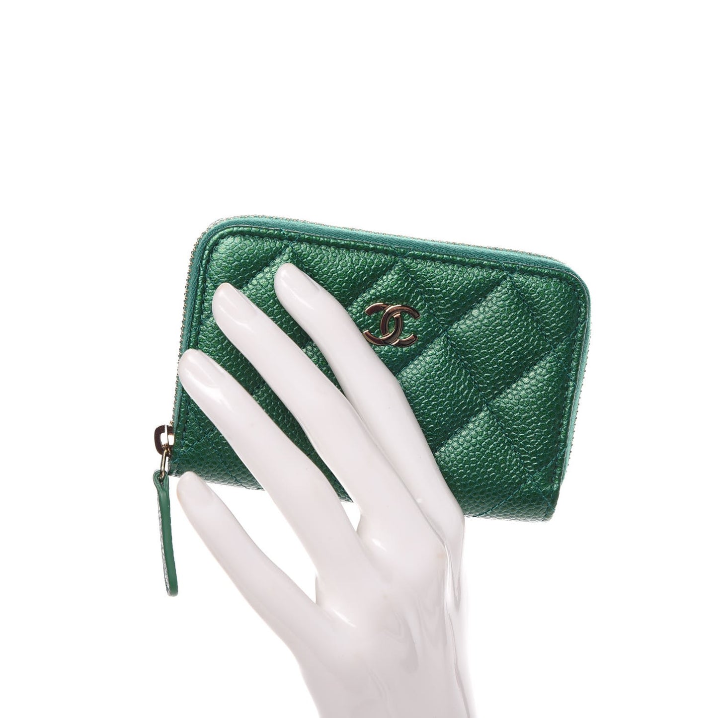 Metallic Caviar Quilted Zip Coin Purse Green