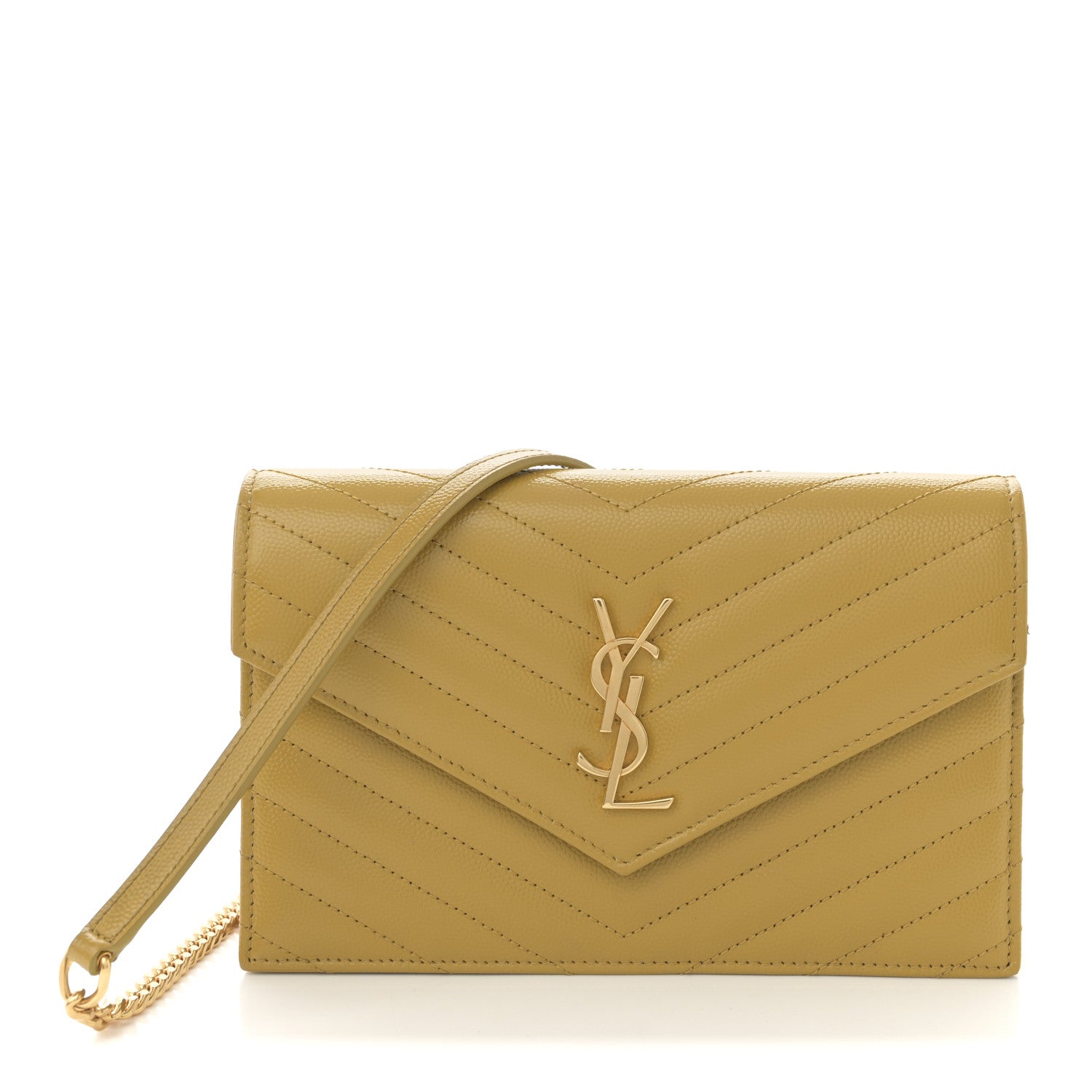 Saint Laurent Grain De Poudre Matelasse Chevron Monogram Envelope Chain Wallet Light Chartreuse 1 of 10