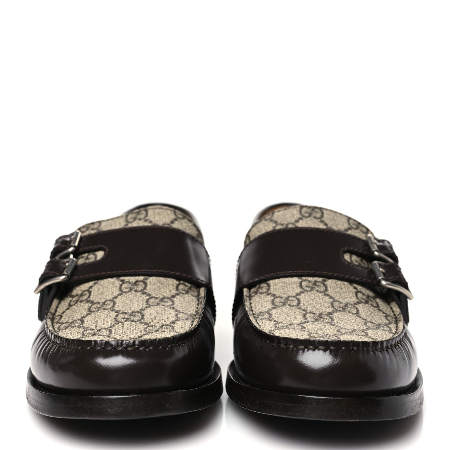 GG Supreme Monogram Mens Double Buckle Loafers 9 Beige Ebony Cocoa