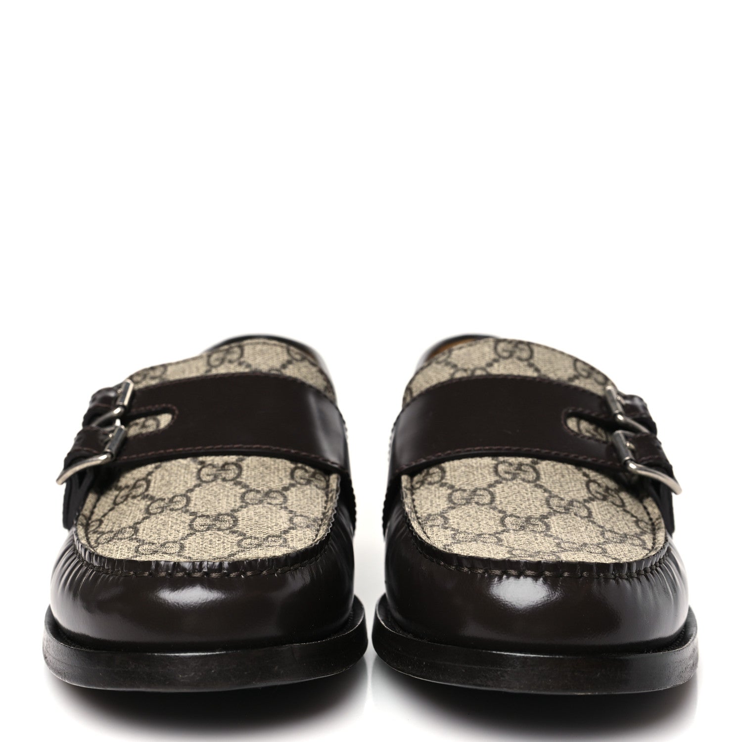 Gucci GG Supreme Monogram Mens Double Buckle Loafers 9 Beige Ebony Cocoa 3 of 10