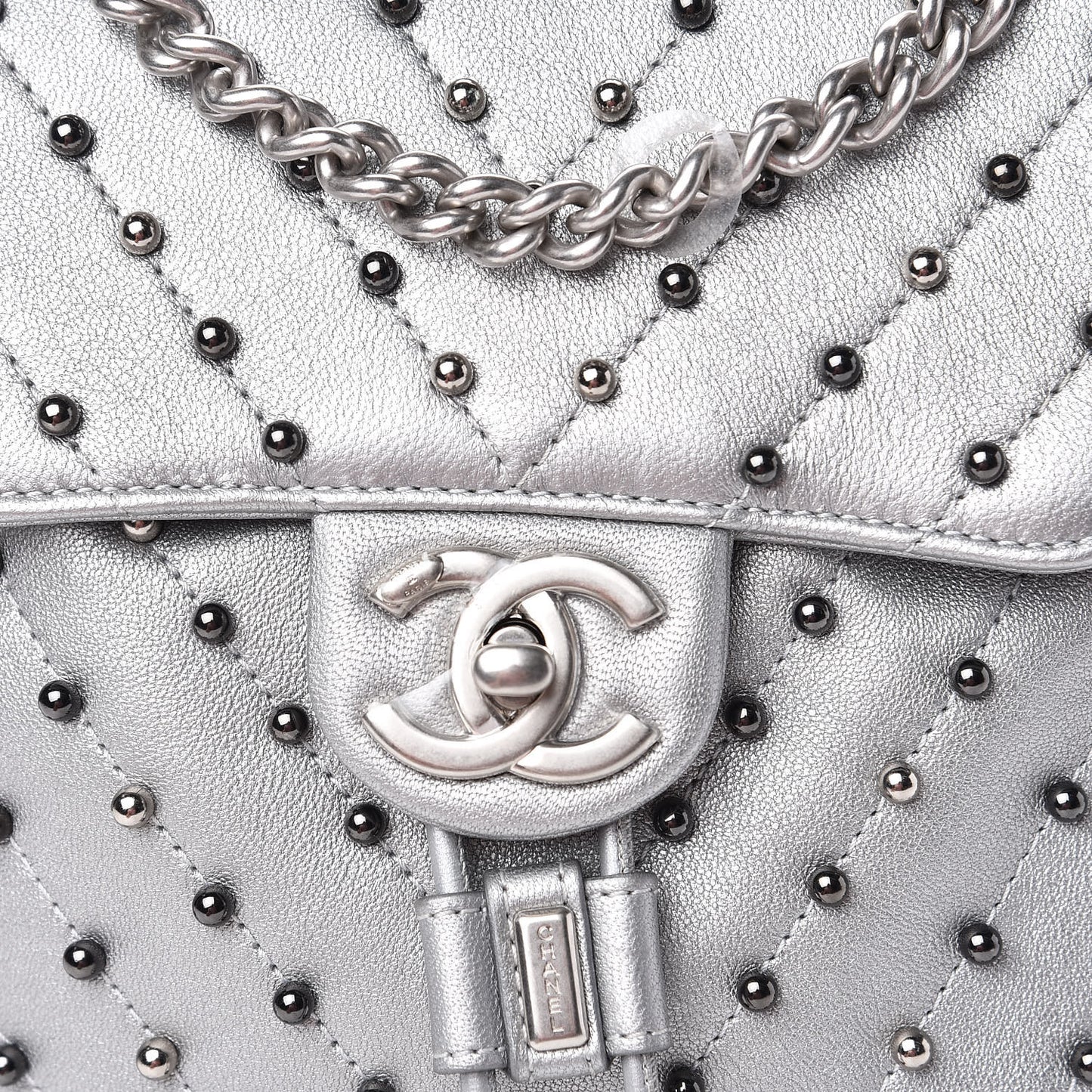 Metallic Lambskin Chevron Quilted Studded Stud Wars Backpack Silver