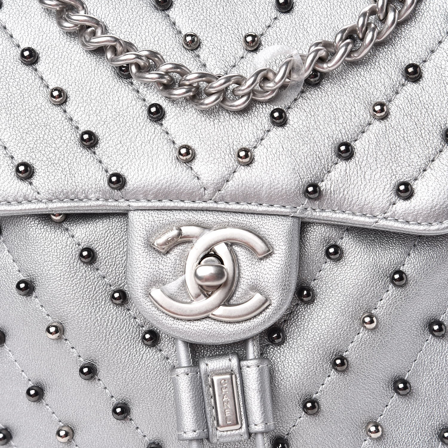 Chanel Metallic Lambskin Chevron Quilted Studded Stud Wars Backpack Silver 11 of 11