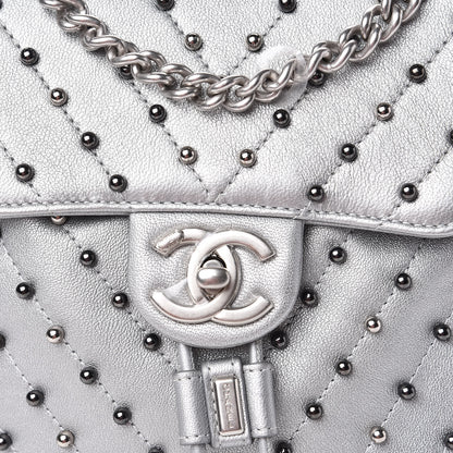 Chanel Metallic Lambskin Chevron Quilted Studded Stud Wars Backpack Silver 11 of 11