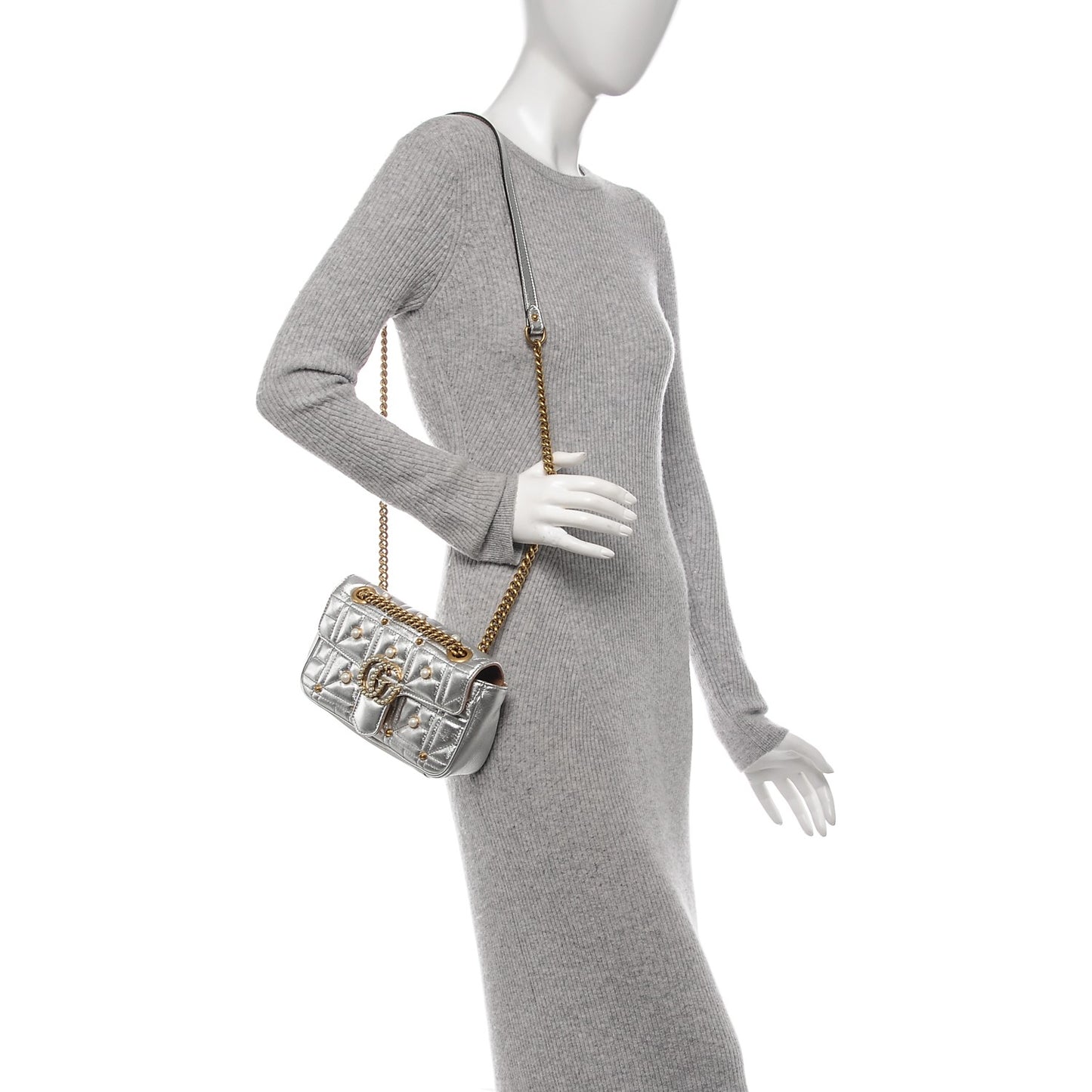 Metallic Calfskin Matelasse Studded Mini Pearly GG Marmont Shoulder Bag Silver