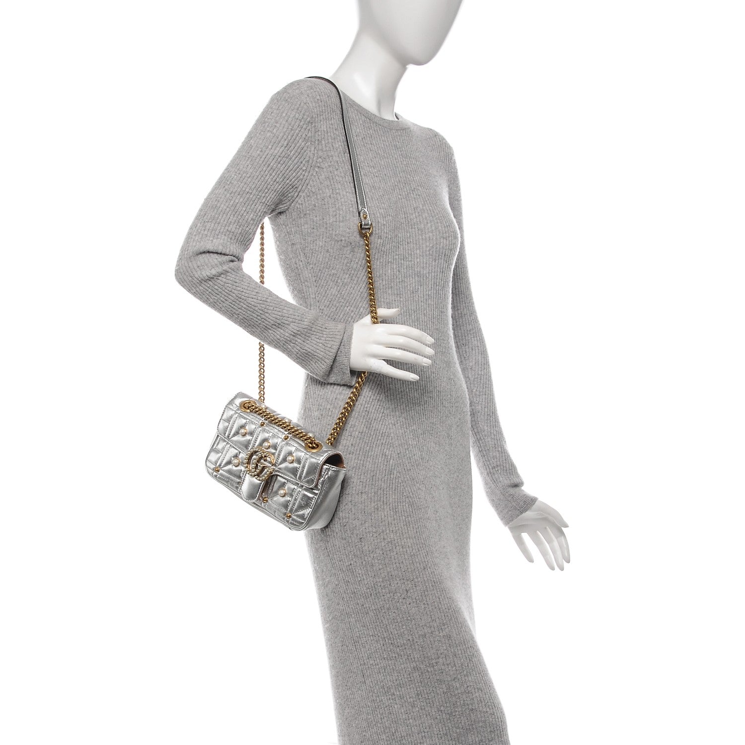 Gucci Metallic Calfskin Matelasse Studded Mini Pearly GG Marmont Shoulder Bag Silver 2 of 7