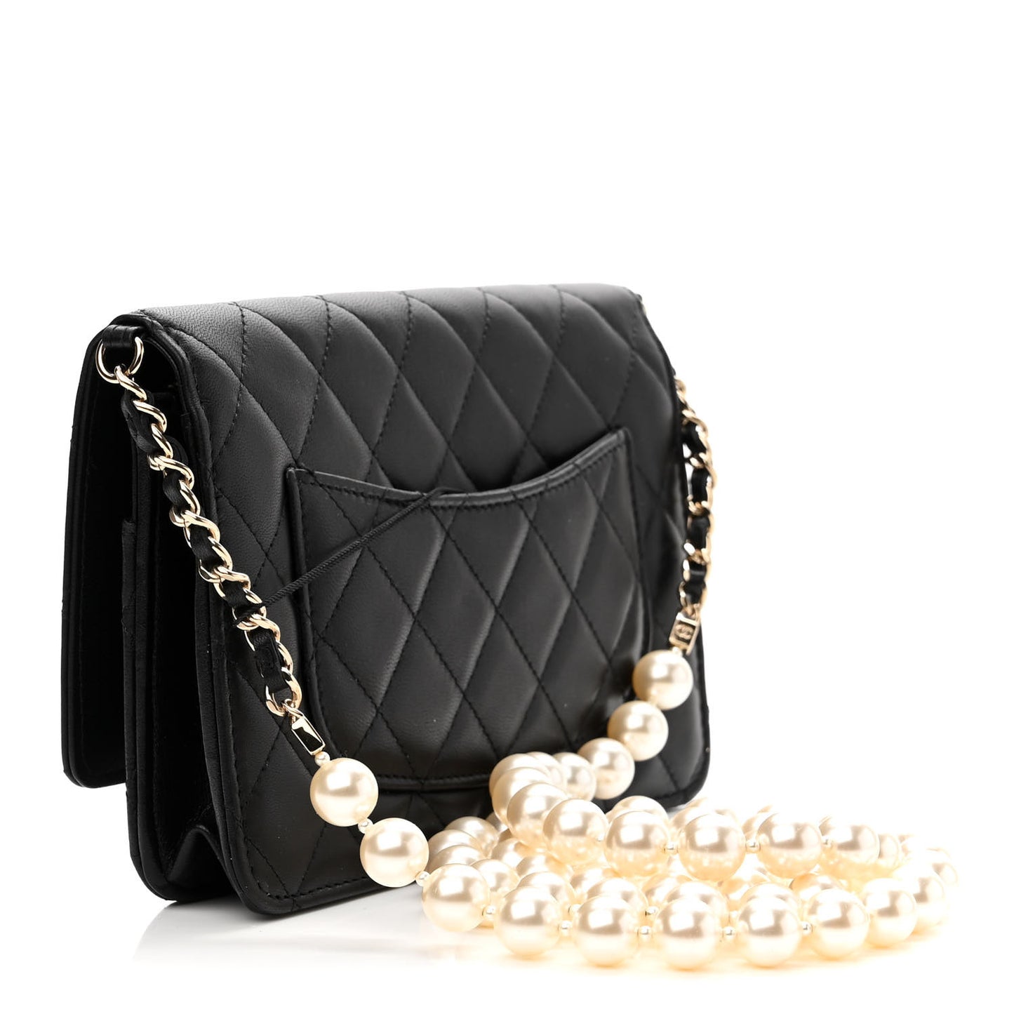 Lambskin Quilted Pearl Wallet On Chain WOC Black