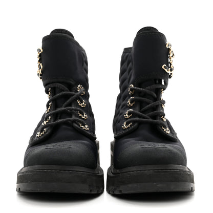 Chanel Fabric Grosgrain Quilted Cap Toe Lace Up Combat Boots 37 Black 2 of 9