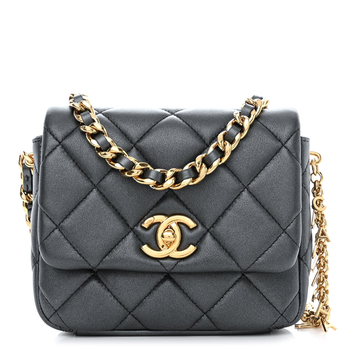 Chanel Metallic Lambskin Quilted Logo Charm Mini Chain Flap Grey 1 of 10