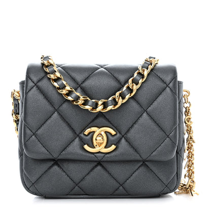 Chanel Metallic Lambskin Quilted Logo Charm Mini Chain Flap Grey 1 of 10