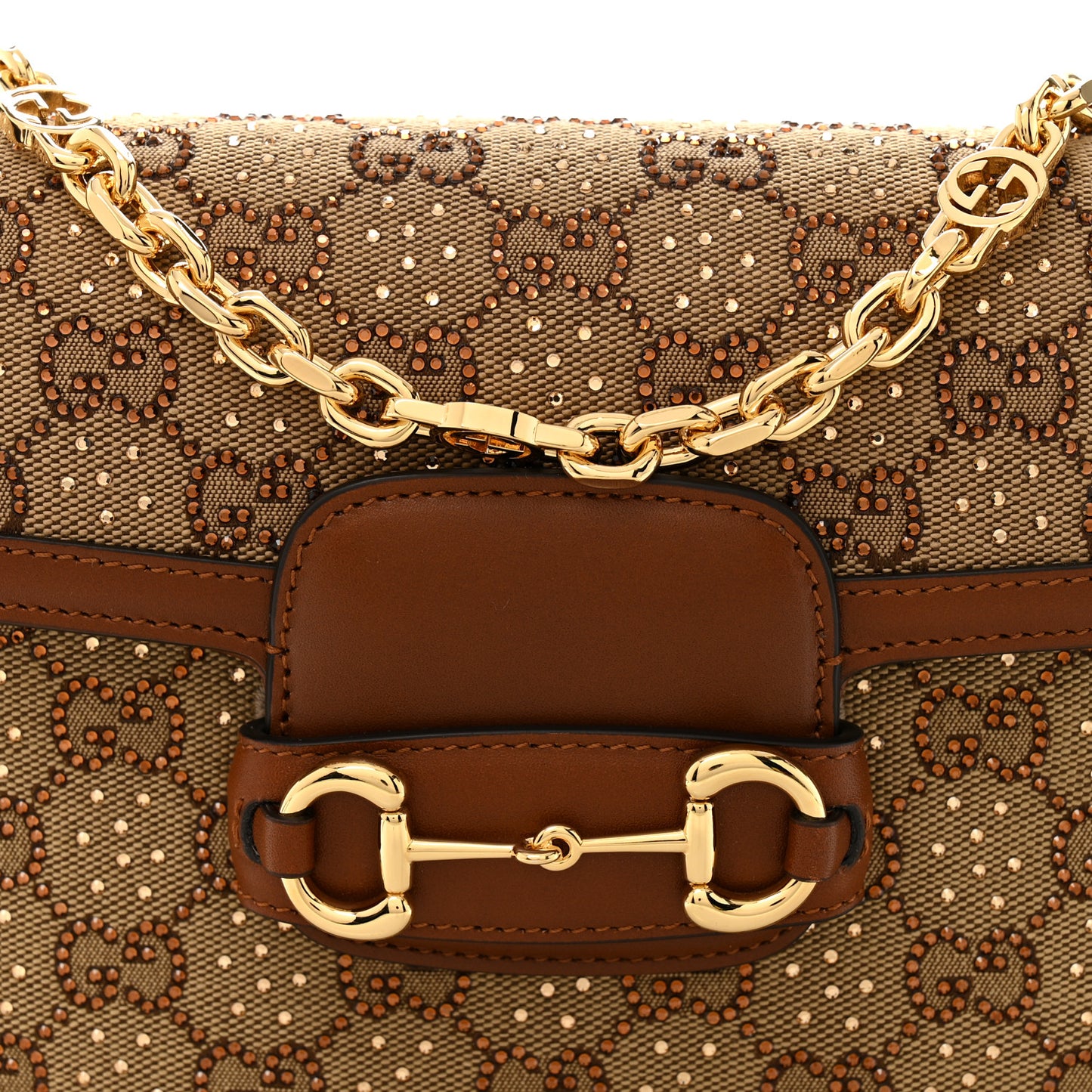 New Canvas Charisma Calfskin Crystal GG Monogram Mini Horsebit 1955 Shoulder Bag Camel Ebony
