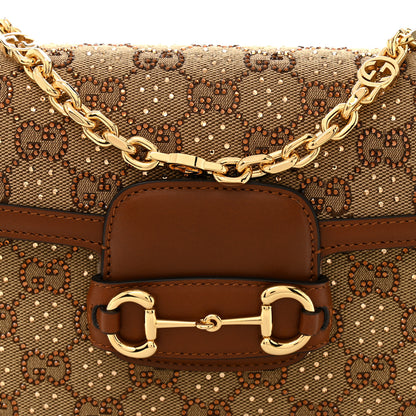 Gucci New Canvas Charisma Calfskin Crystal GG Monogram Mini Horsebit 1955 Shoulder Bag Camel Ebony 8 of 10