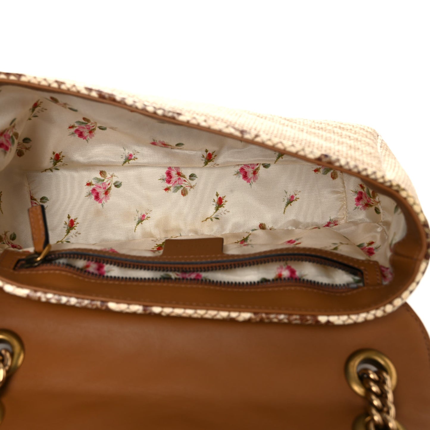 Raffia Elaphe Matelasse Small GG Marmont Shoulder Bag Natural Cream Brown