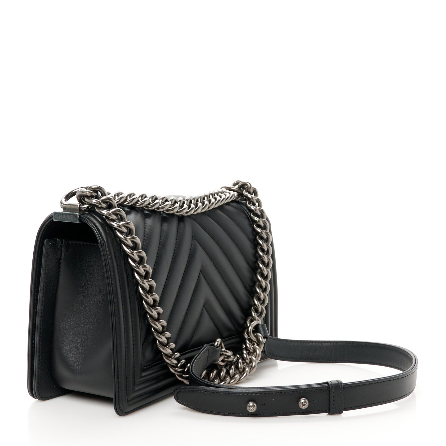 Calfskin Chevron Quilted Medium Boy Flap Black