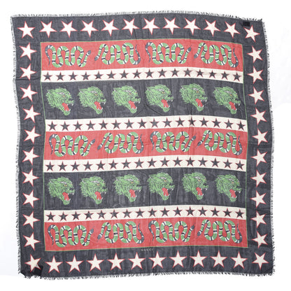 Gucci Wool Feline Kingsnake Iconic Symbols Scarf Blue Red 1 of 4