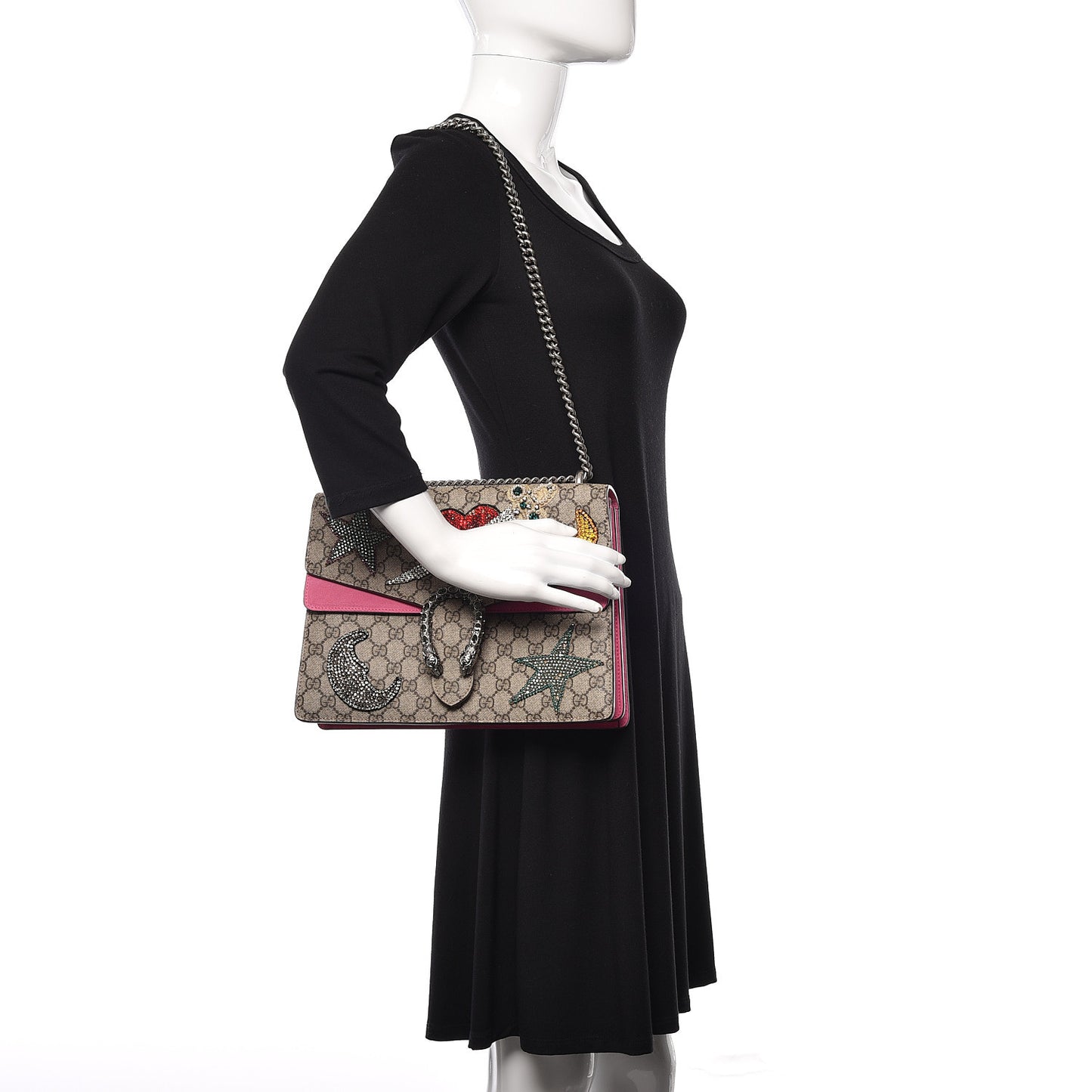 GG Supreme Monogram Suede Pierced Heart Embroidered Medium Dionysus Shoulder Bag Beige Ebony Pink Tropical Flower